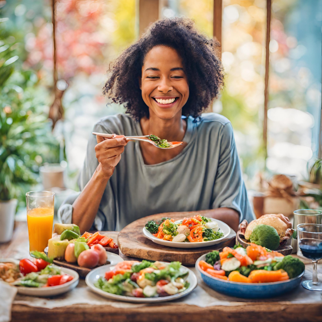 Lady-peacefully-savoring-a-colorful-balanced-meal-with-a-serene-smile-on-their-face