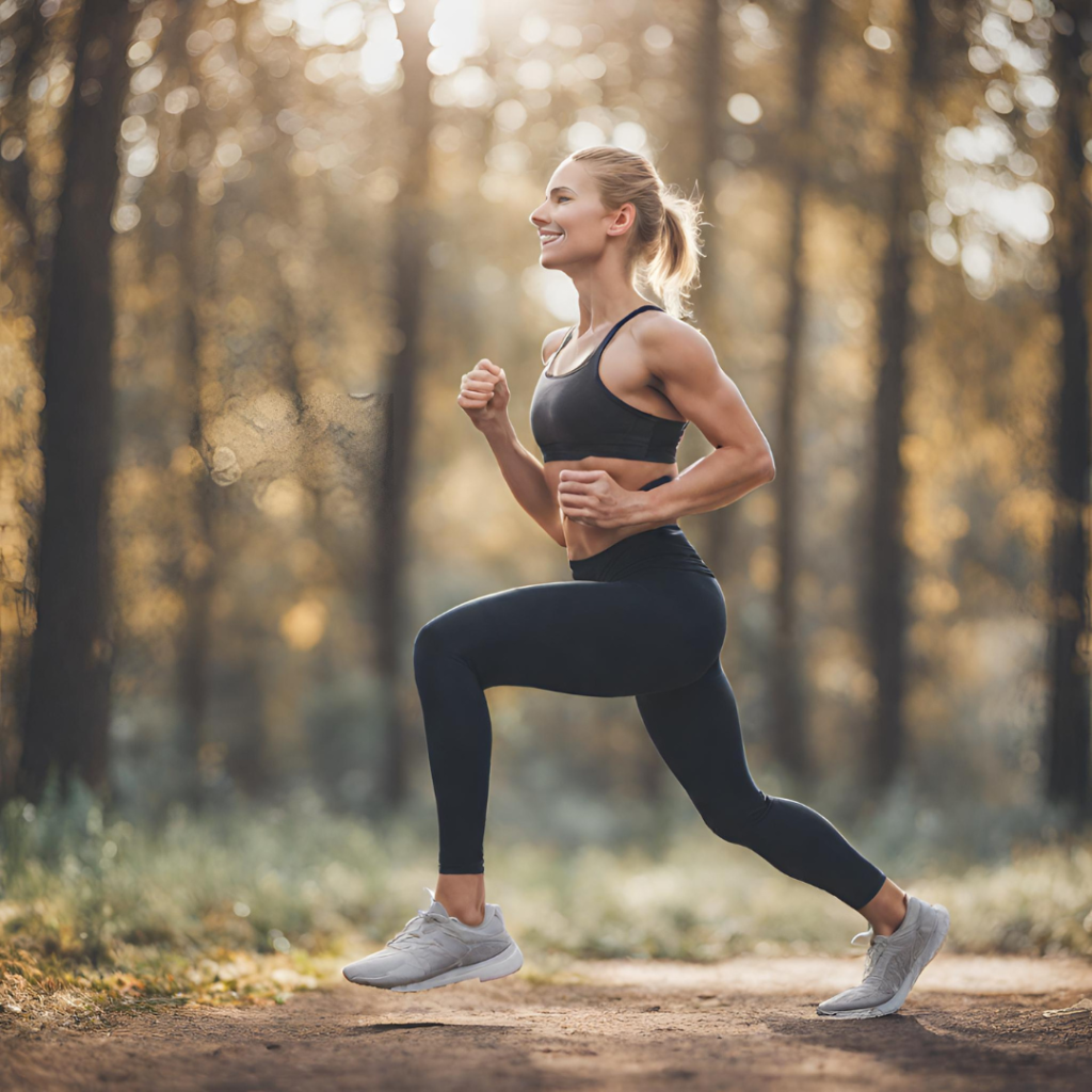 Woman jogging through the forest, surrounded by trees and greenery