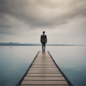 A businessman standing on a dock looking at the water