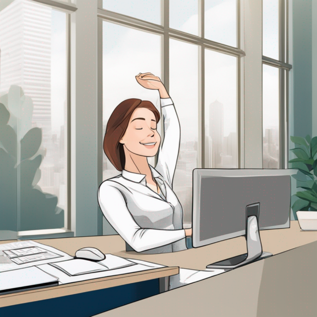 A cartoon illustration of a working woman stretching at a desk