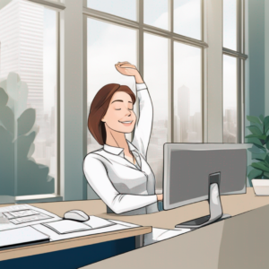 A cartoon illustration of a working woman stretching at a desk