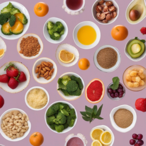 A collage of fruits and vegetables on a pink background