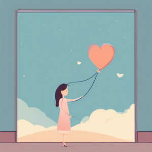 A girl holding a heart shaped balloon in front of an open door