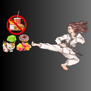 A girl is kicking a karate kick towards unhealthy foods