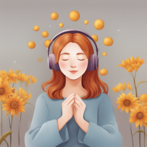 A girl wearing headphones and listening to music in a field of sunflowers