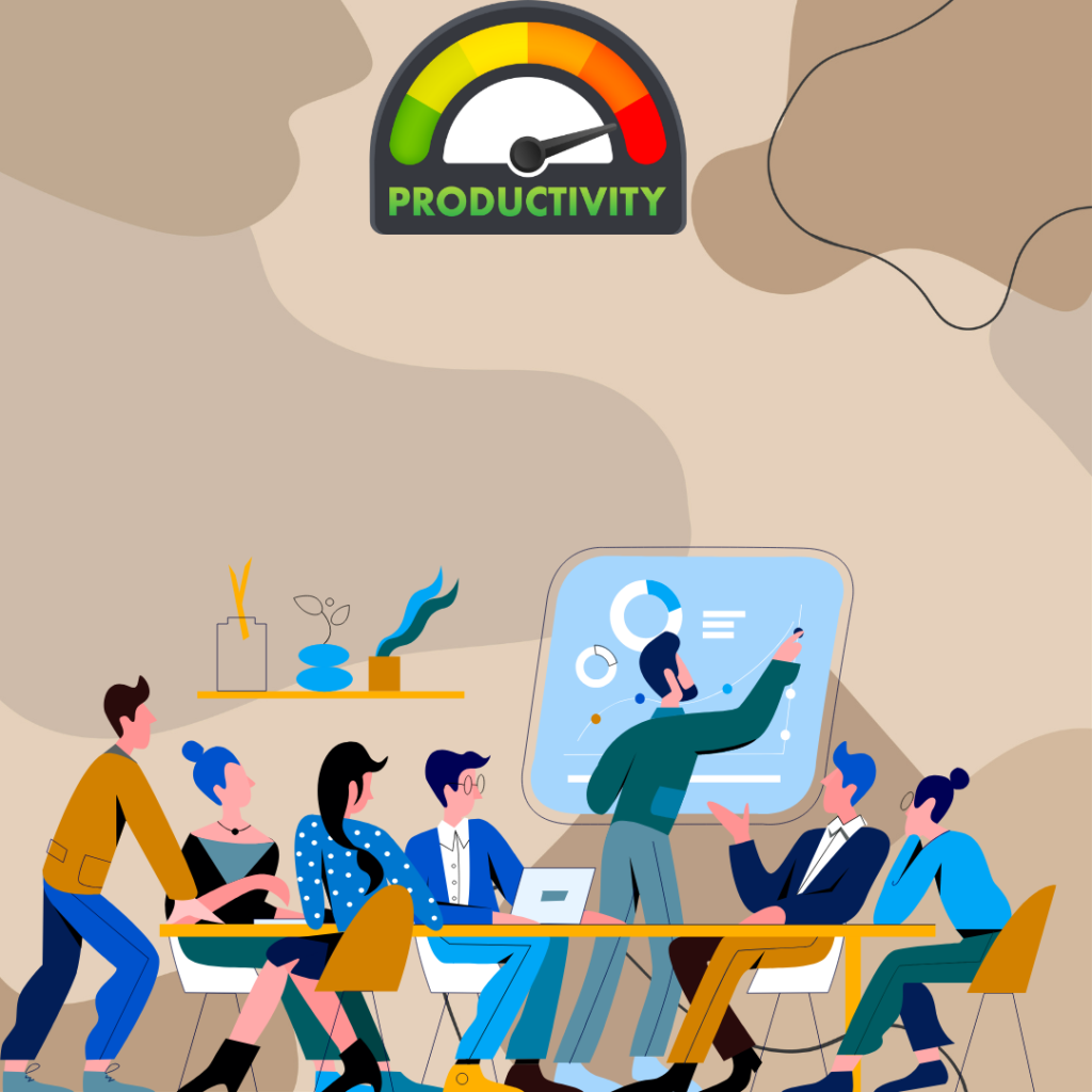 A group of people sitting around a table with the word productivity