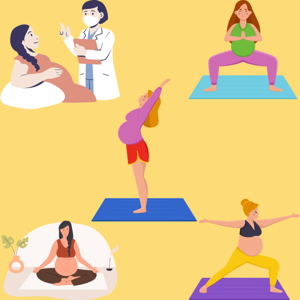 A group of pregnant women doing yoga on a yellow background