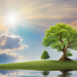 A lone tree on a green hill with a lake in the background