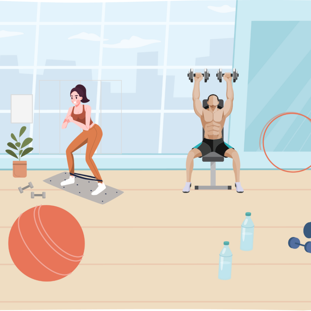 A man and woman are working out in a gym