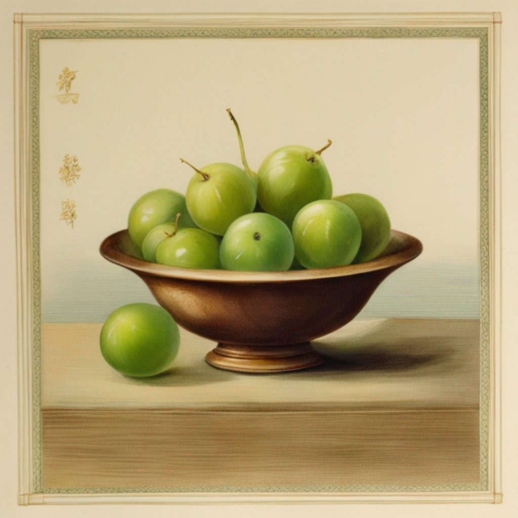 A painting of amla in a bowl on a table