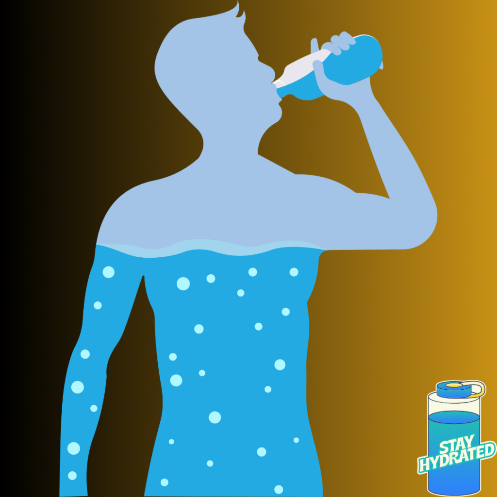 A silhouette of a man drinking water from a bottle