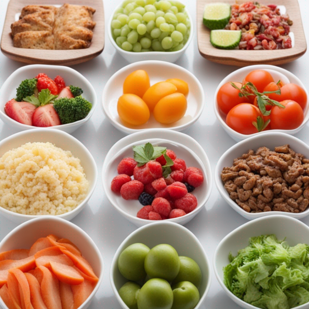 A variety of fruits and vegetables in bowls on a white background