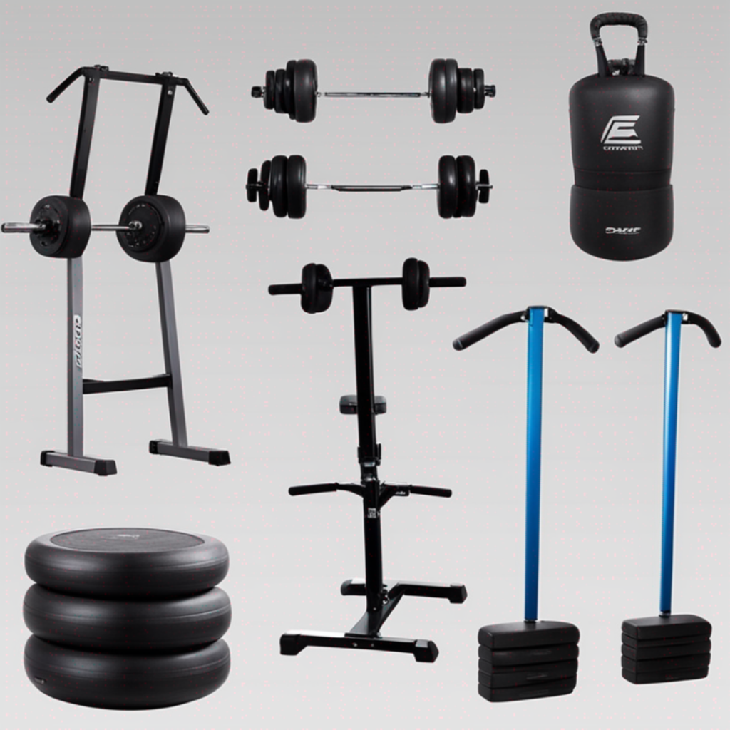 A variety of gym equipment including dumbbells, barbells and weights