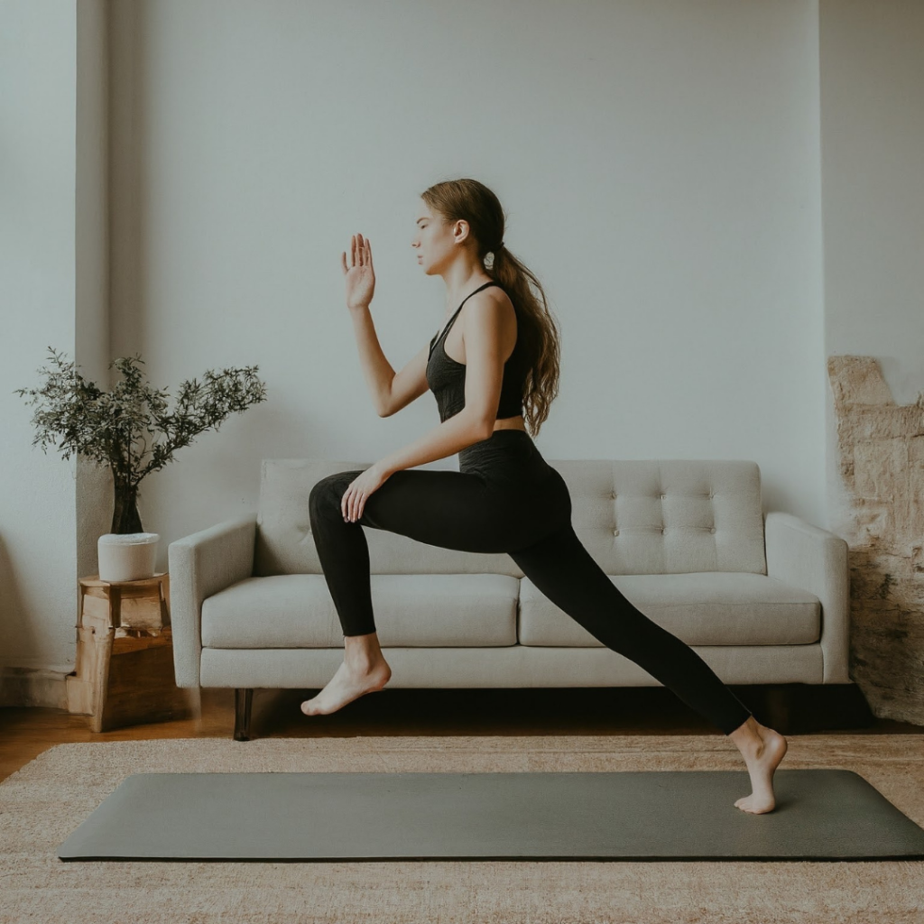 A woman doing yoga in a living room