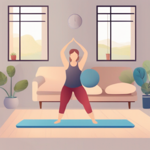 A woman is doing yoga in her living room