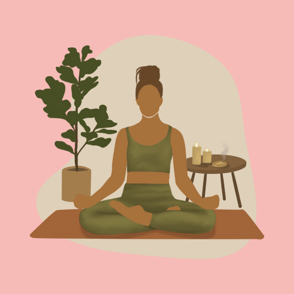 A woman meditating in a lotus position with a potted plant