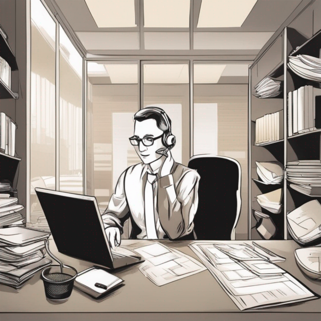 An illustration of a businessman working at a desk with a laptop