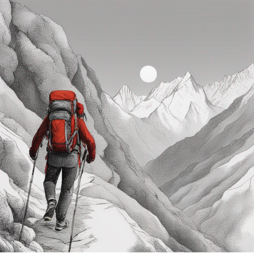 An illustration of a hiker walking up a mountain