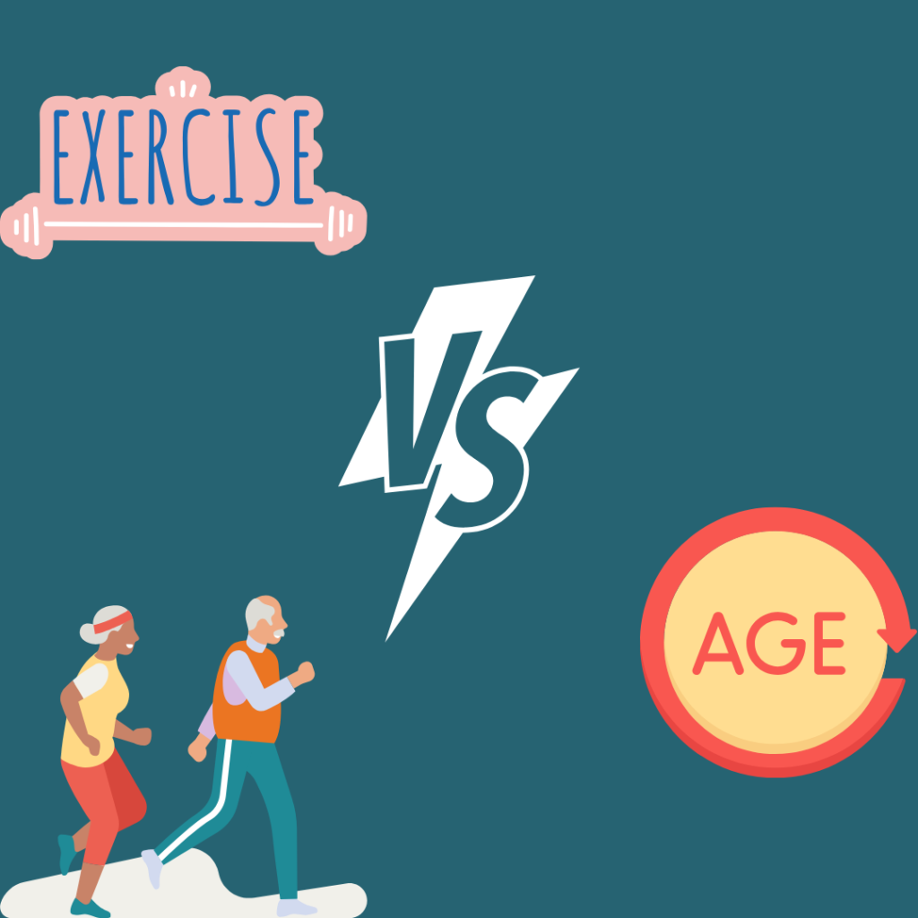 Exercise vs age wording with illustration of old couple walking