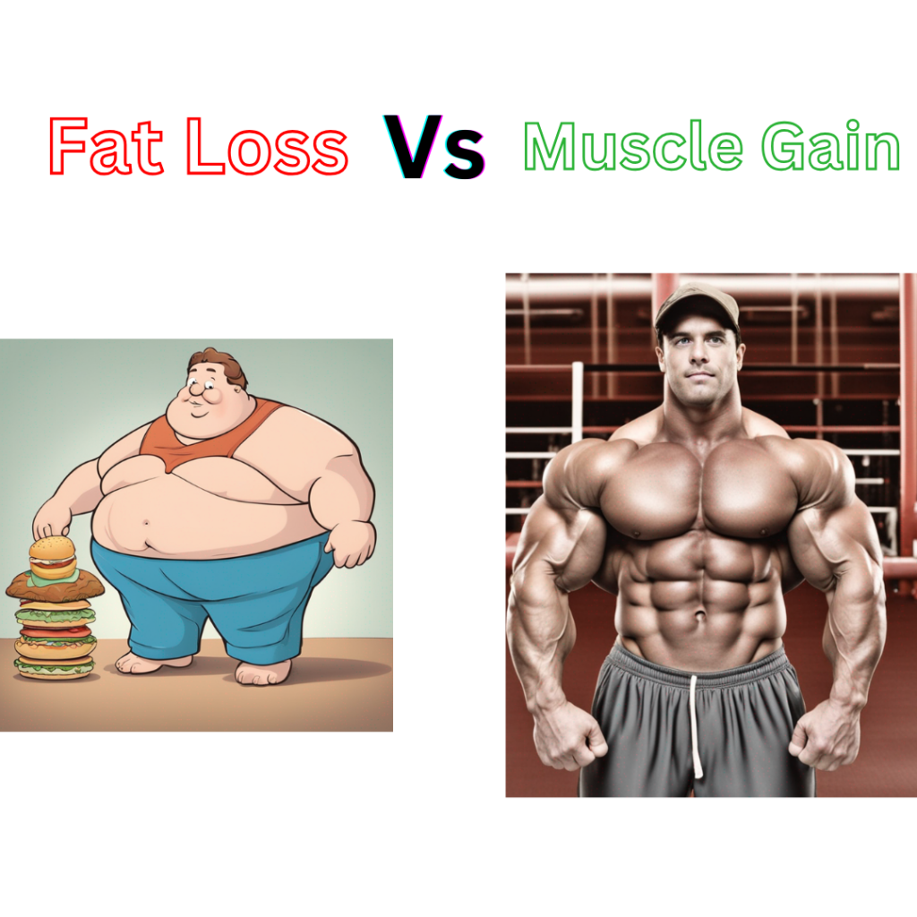 Fat loss vs muscle gain wording on it with fat person and body builder image