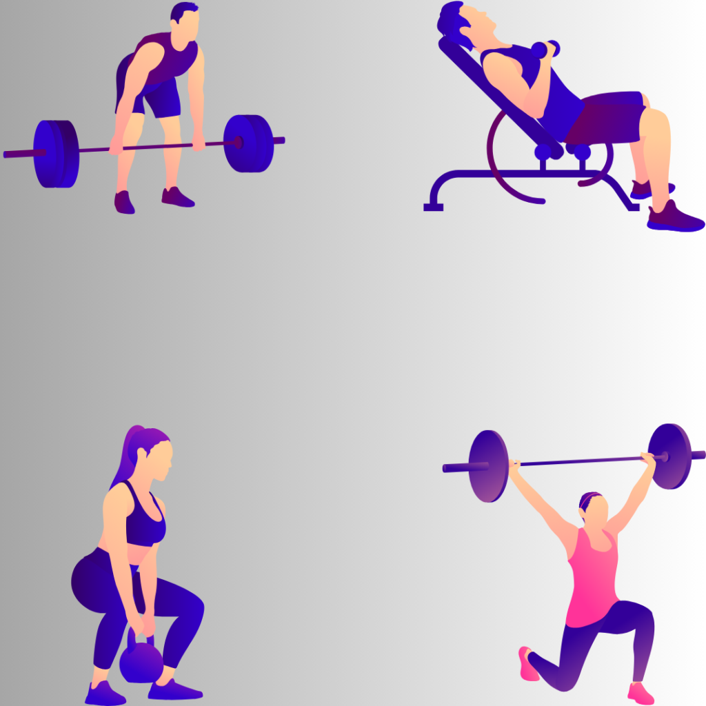 Four people doing different exercises in the gym