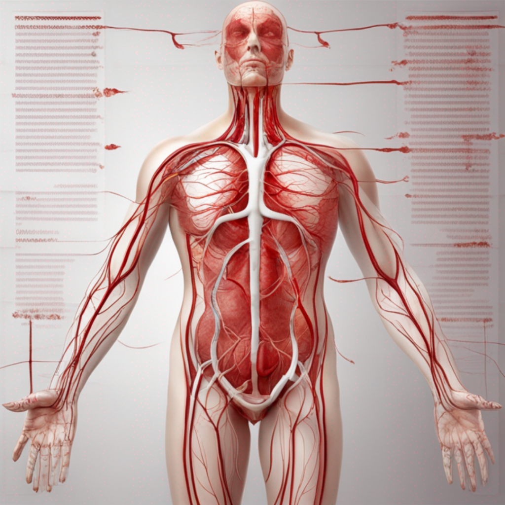 The human body is shown with red blood vessels