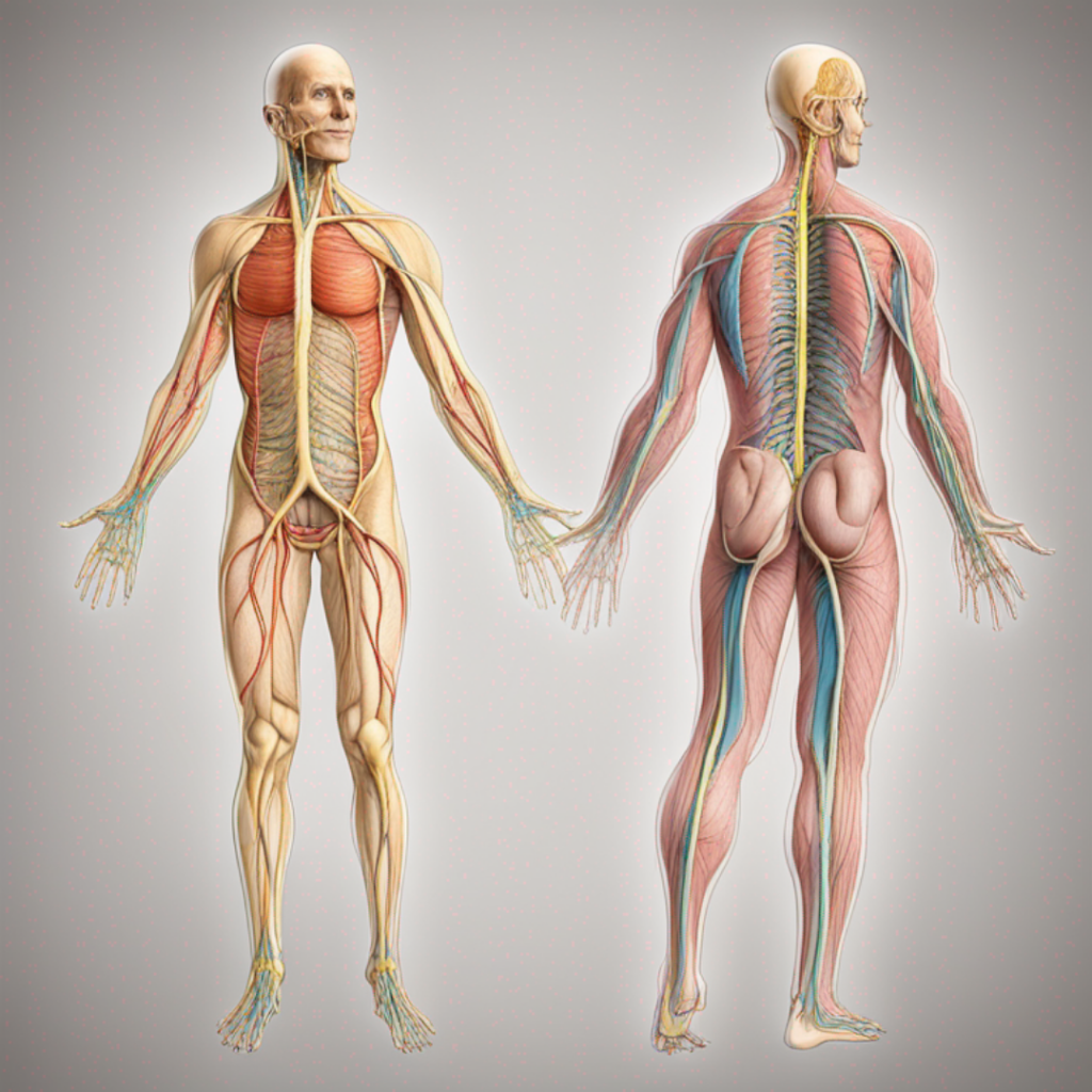 The human body is shown with the muscles and nerves