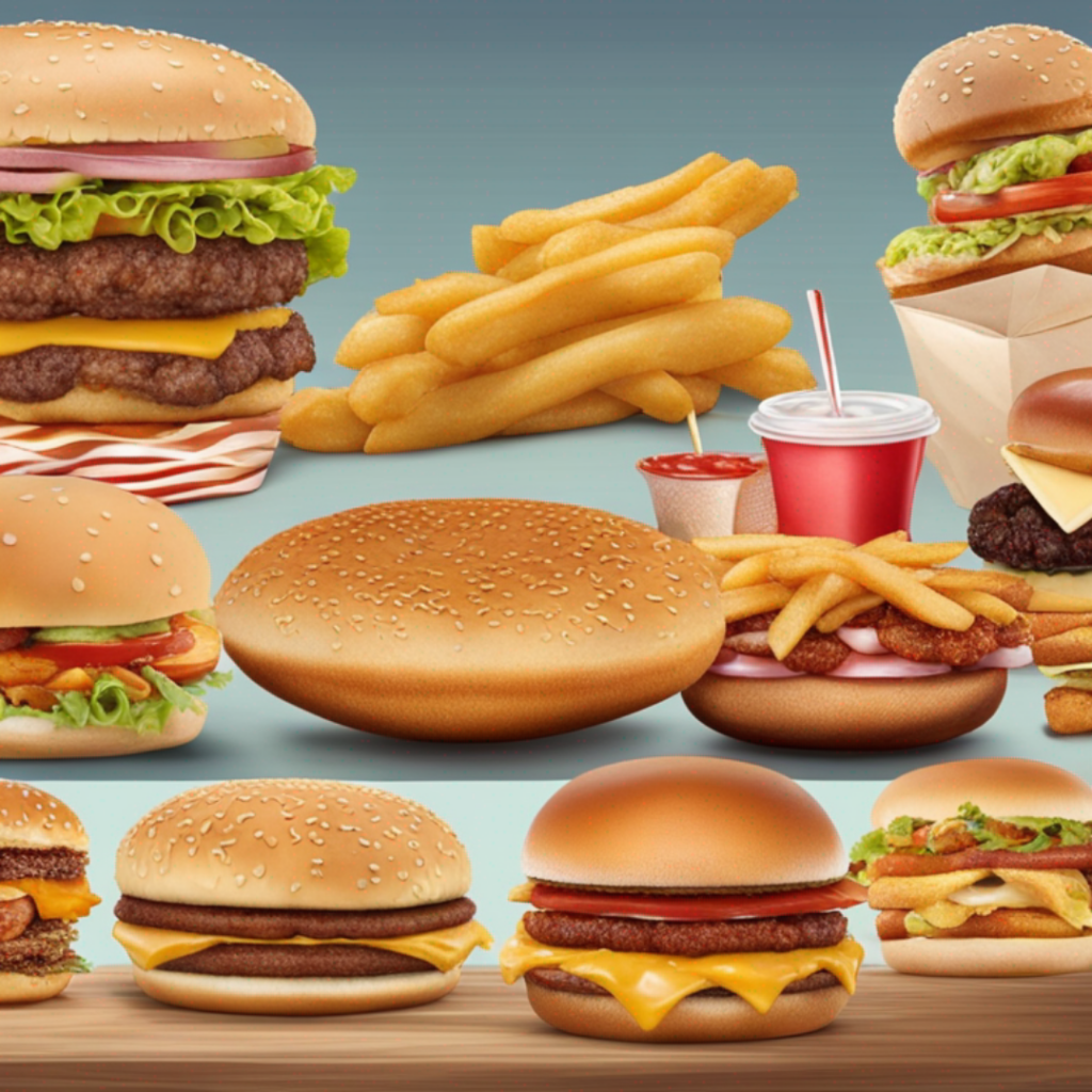 Various fast food items on a wooden table