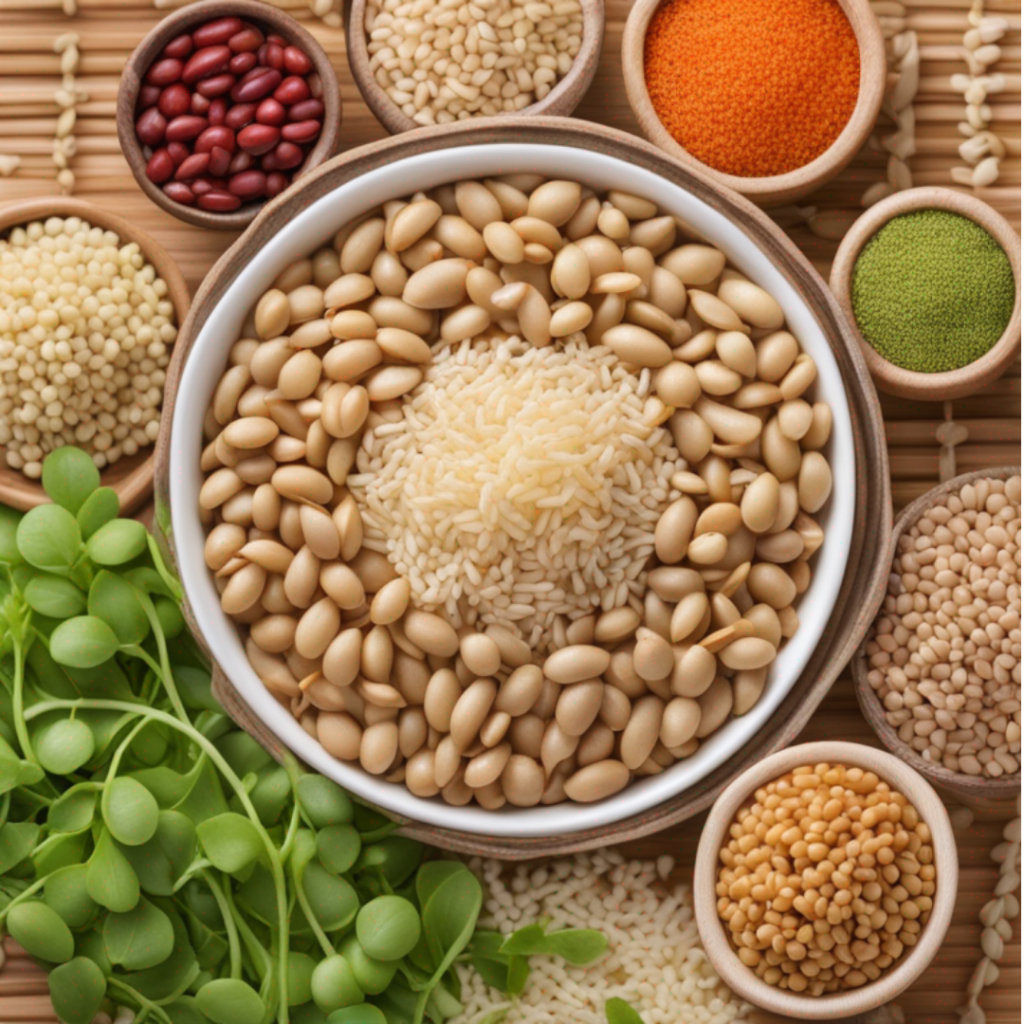 Various types of beans and legumes in bowls on a bamboo mat