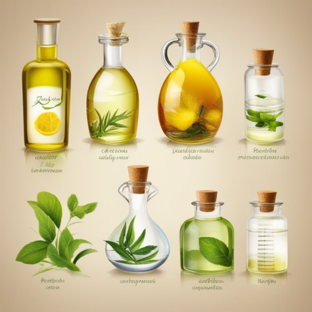 Various types of oils in bottles on a beige background